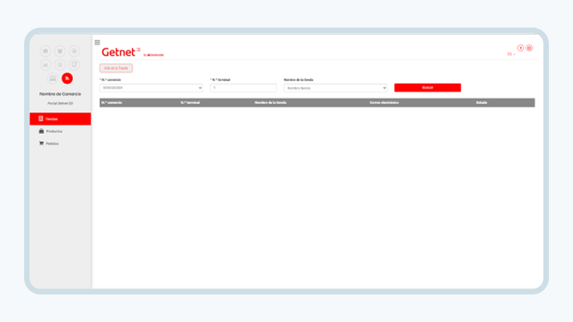 Pantalla de Getnet con acceso a Tiendas en el menú